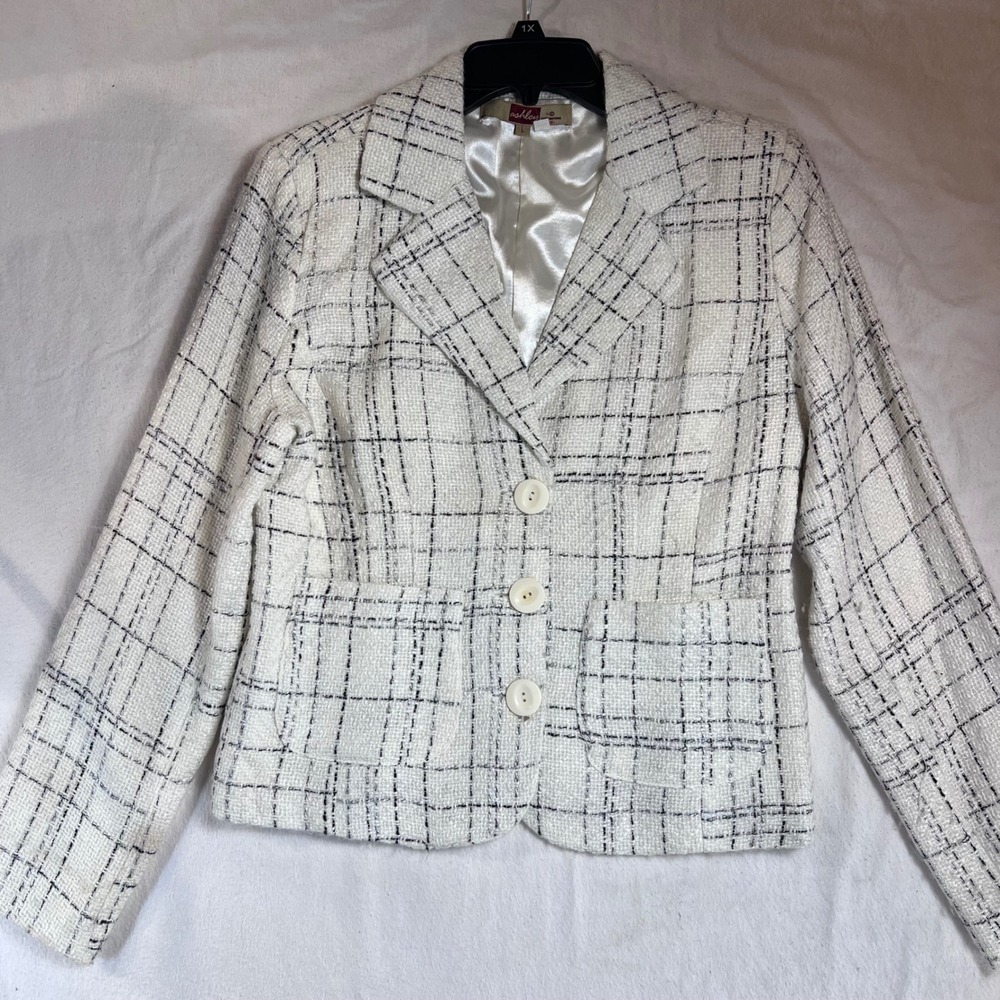 Ashley by 26 International Women White Black Tweed Plaid Blazer Jacket Large